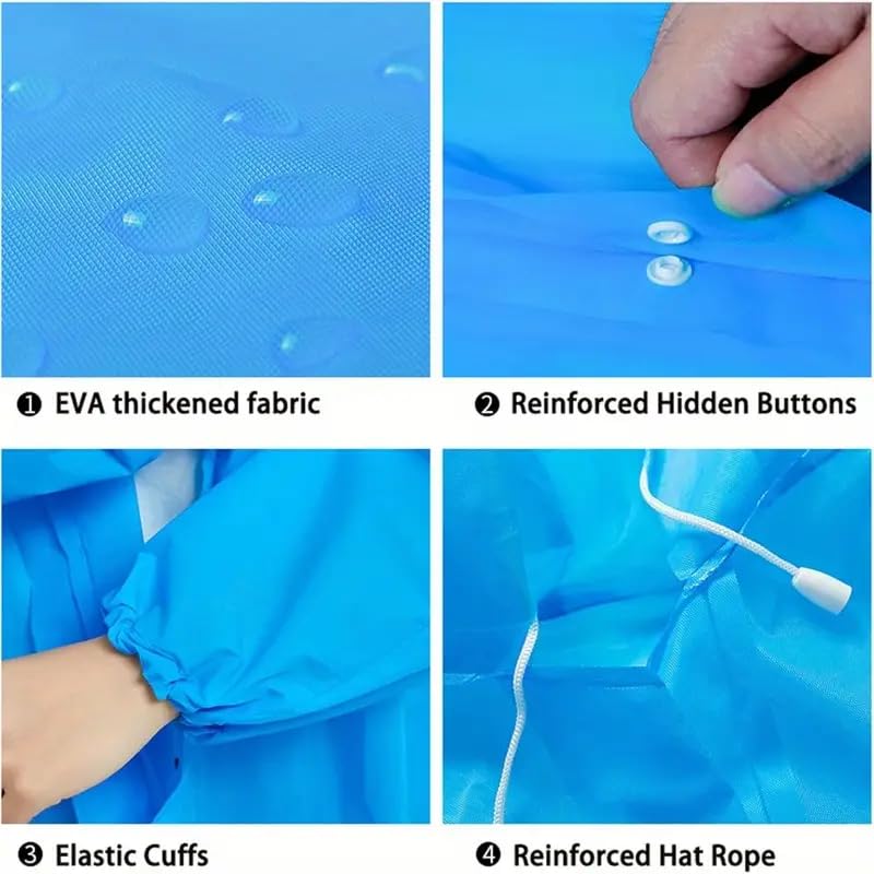 Boolavard Wytrzymałe plastikowe ponczo przeciwdeszczowe dla dorosłych, wielokrotnego użytku, pełne pokrycie, ponczo z kapturem, ze sznurkiem, unisex, zestaw rodzinny, na zewnątrz, w podróż, 4 szt
