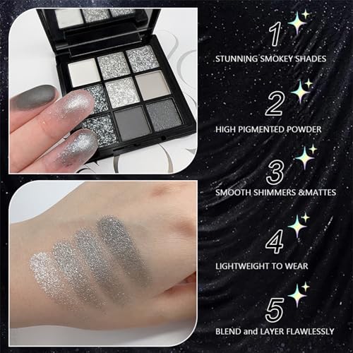 9 Farbe Smokey Lidschatten Palette, Hochpigmentiert Lidschatten Schwarz Dunkel Grau Weiß Eyeshadow Palette Mit Spiegel, Matt Shimmer Weicher Glatter Puder Liedschatenpalete Zu Halloween (02 Smokey) – Bild 3