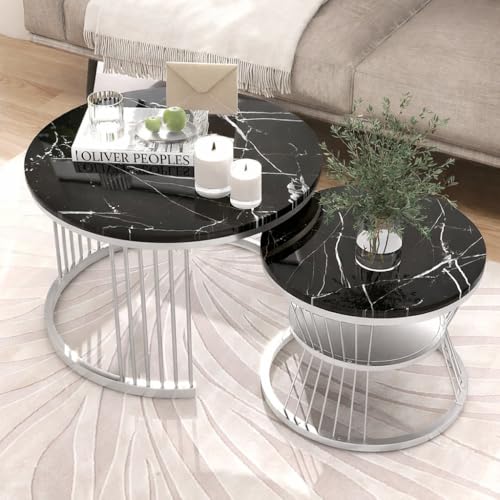 Image of Brown Art SHOPPEE Round Coffee Table Home Decor Furniture Coffee Table Sets,2 Piece MDF Top,Stacking Nesting Table with Iron Frame for Living Room Living Room or Lounge (Silver Black)