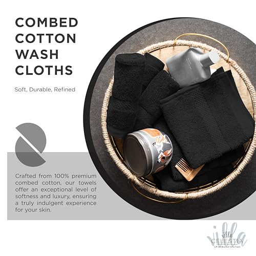 Image of Villa Celestia Cotton Washcloths Set of 6, 12x12 Inch, 100% Ring-Spun Combed Cotton, Soft Absorbent Quick-Dry Wash Cloths for Face and Body, Oeko-TEX Certified, Hotel & Spa Quality, Black