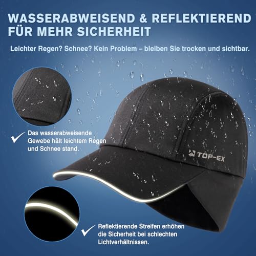 TOP-EX M/L/XL Wasserdicht Basecap Damen Winter mit Ohrenklappen Pferdeschwanz Beanie Warm Mütze mit Fleecefutter Damen Laufen Wintermütze Reflektierend Camping Schwarz L/XL