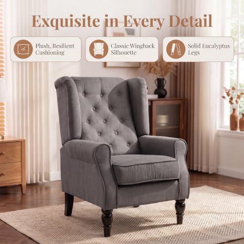 Image of Tufted Wingback Accent Manual Single Lounge Recliner Chair, Gray | Tufted Wingback Accent Chair, Upholstered Single Lounge Chair with Solid Wood Legs