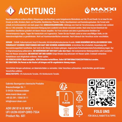 MAXXI CLEAN | Grillreiniger & Rauchharzentferner - das Original | 1x 700 ml in Sprühflasche extra stark [+] mit Tuch | Backofen- und Grillreiniger Konzentrat für Gasgrill, Edelstahl, Gusseisen