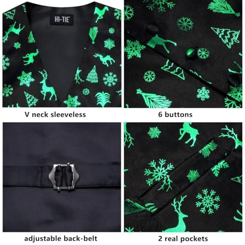 Hi-Tie Black Green Reindeers Christmas Vest and Tie Set For Mens Print Shiny Suit Waistcoat Necktie Xmas Holiday Party Tuxedo Vest4