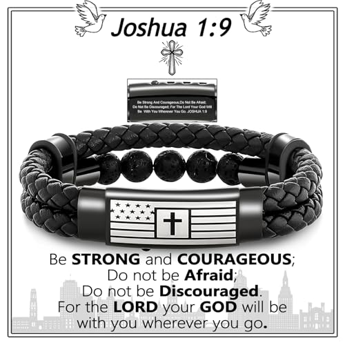 Christian Gifts for Men – Christian Bracelet with Bible Verse & Cross – Adjustable Stainless Steel Mens Bracelets with Volcanic Stones, Leather Band & Velvet Gift Box for Religious Gifts2