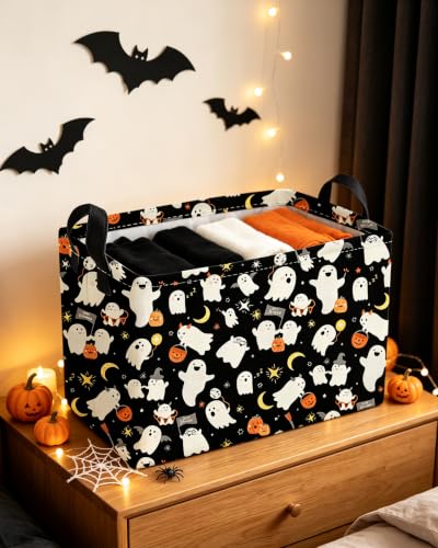 Image of Essme Rectangular Halloween Baskets,Ghost Storage Box,Cute Basket for Kids with Handles for Room Decor, Book Bins,Shelf Basket.(Ghost)