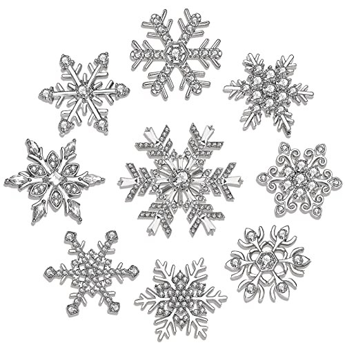 9PCS Christmas Snowflake Brooches Winter Holiday Rhinestone Snowflake Brooch Pins Set for Women Men Family Christmas New Year Gifts (Silver)