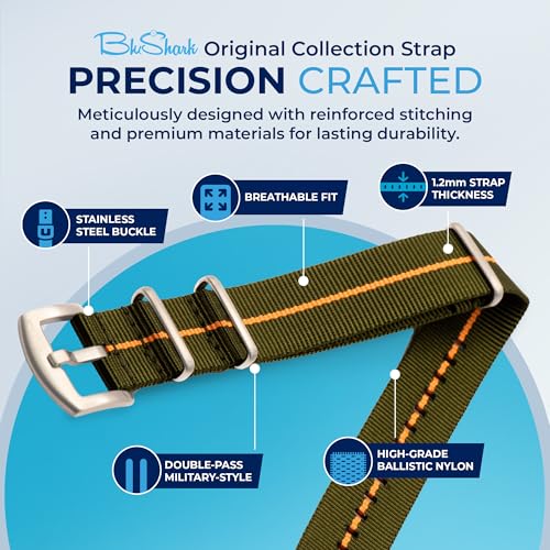 Image of BluShark - Original Collection Military-Style Waterproof Watch Strap, Fits All Timepiece Brands, Durable Nylon Wristwatch Accessories with Stainless Steel Buckle - 18mm, 20mm, 22mm & 24mm Watch Bands
