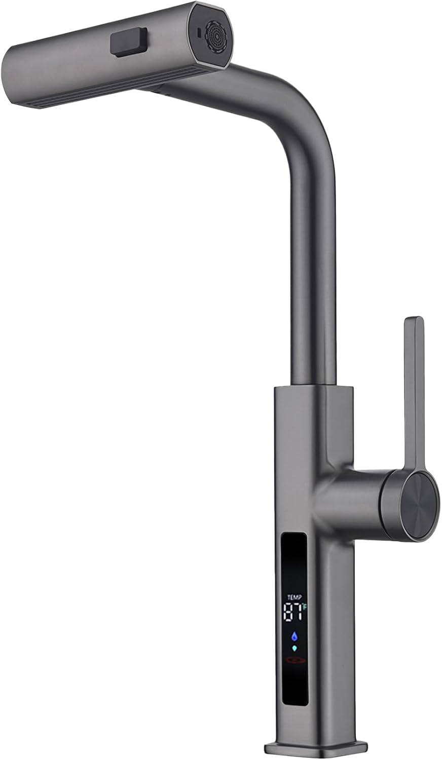 Lefton Pull-Out Waterfall Kitchen Faucet with Temperature Display, Two Water Outlet Modes, Single Hole, Grey, KF2209-2 Gray