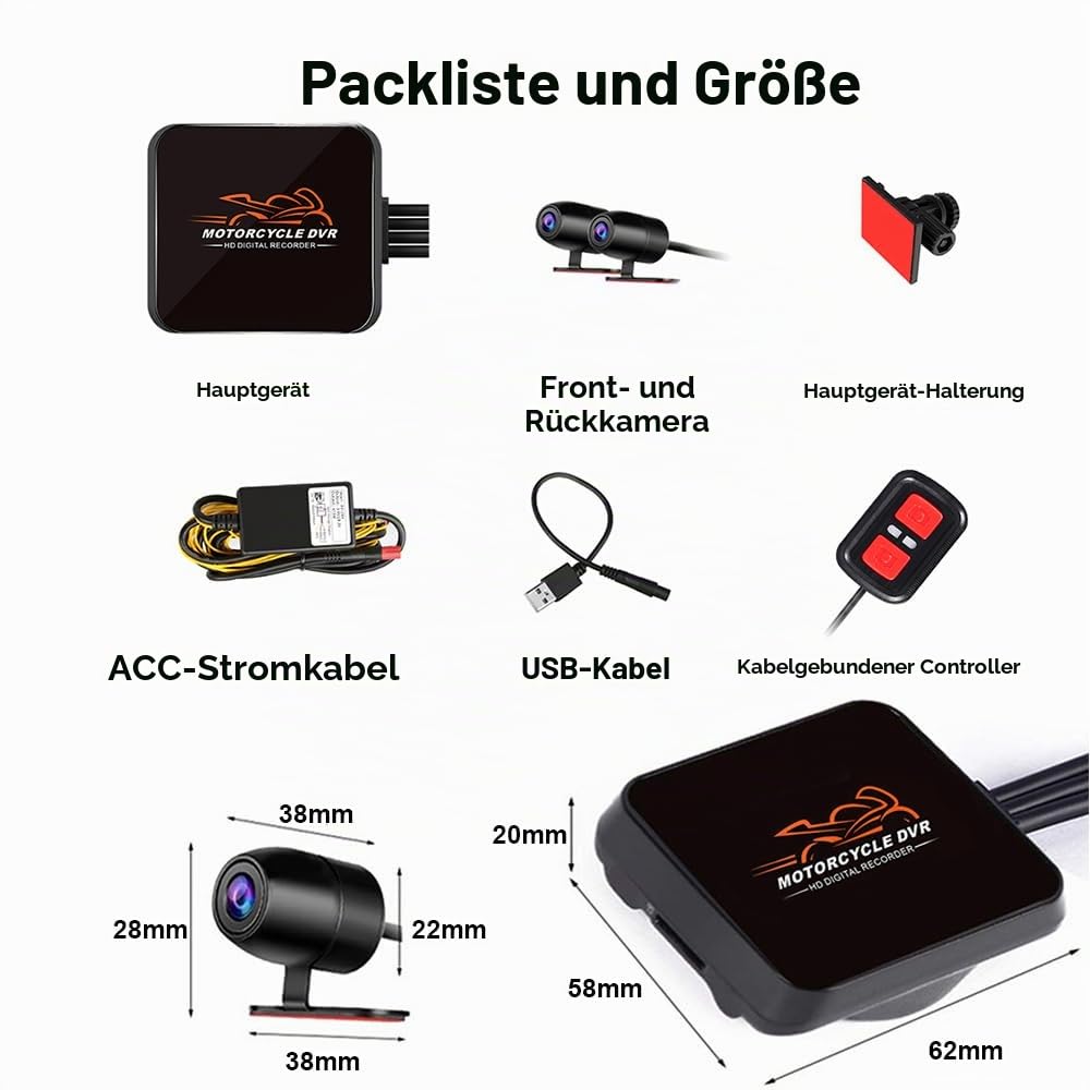 VSYSTO Motorrad-Dashcam 130° Weitwinkelobjektiv, 1080P Dual-Kameras Vorne und Hinten, Kein Bildschirm, WiFi, Nachtsicht, G-Sensor, Loop-Aufnahme (Schwarz-D6RL)
