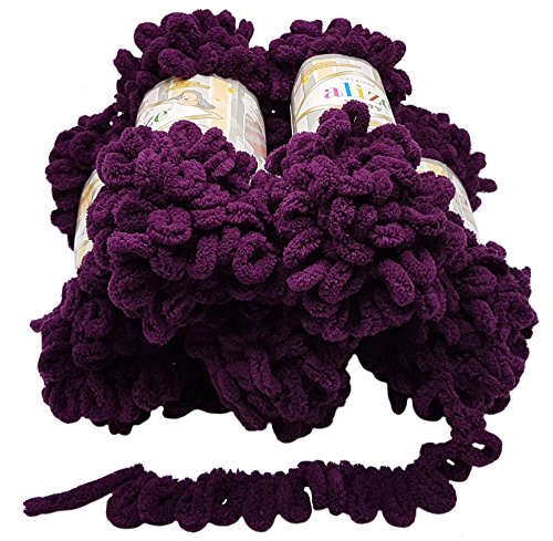 Alize Puffy 5 x 100 g wool, 500 g of yarn for finger knitting, extra bulky wool with loops for knitting without using needles Beere 111