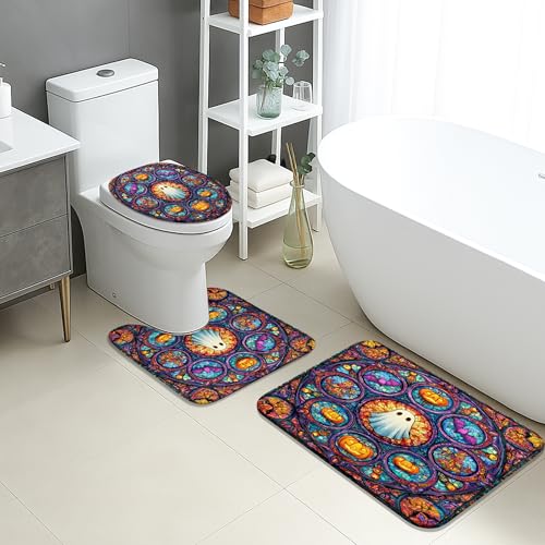 Set di tappetini da bagno colorati, 3 pezzi, conchiglie e motivi geometrici, assorbenti e antiscivolo, a forma di U, lavabili, set di tappeti estivi in flanella ad asciugatura rapida