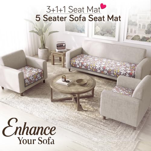 Image of HOKIPO 'Homehues Series' Printed Quilted Sofa Cover 5 Seater Set - Washable 3+1+1 Sofa Cover Mat, Pastel Brown Sandwort Flower (IN-806 * 2 + IN-809 - D1)