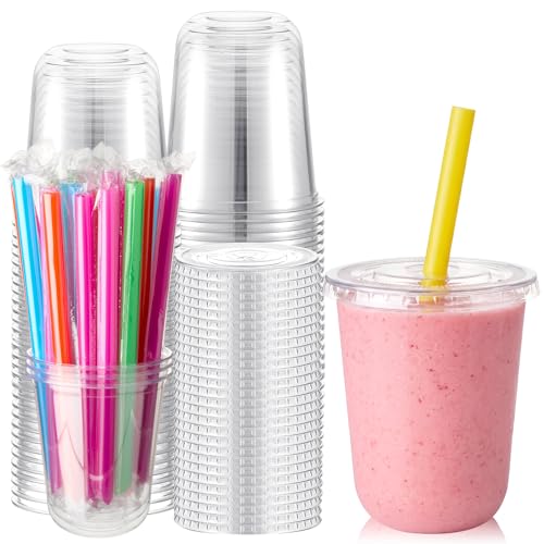 Ziliny 50 Sets 14 Oz Plastic Cups with Lids and Jumbo Straws, Multicolor