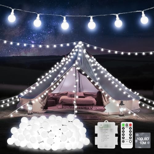 12 M 100 LED Christmas Lights Battery Fairy Lights Indoor Outdoor Globe String Lights Battery Operated with Remote 8 Modes for Outside Tree Garden Patio Party Bedroom Wedding Decorations-Cool White