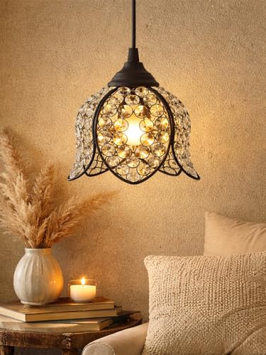 Image of Lotus Crystal Pendant Light Modern Ceiling Fixture, Stylish Home Decor, Warm White, Living Room, Bedroom, Contemporary Design, Decorative Crystal Chandelier (Black)