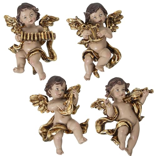 DRW Set de 4 Figuras de Angeles musicos para Colgar en Beige y Dorado 5x9x12 cm