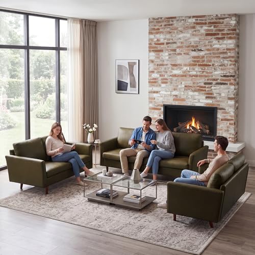 Image of Kingfun Faux Leather 3 Seat Couch Set for Living Room, Mid Century Modern Sofa with Rolled Arms and Deep Seats, Fluffy Comfort for Apartment, Easy to Assemble, Olive Green Sofa and 2 Loveseat