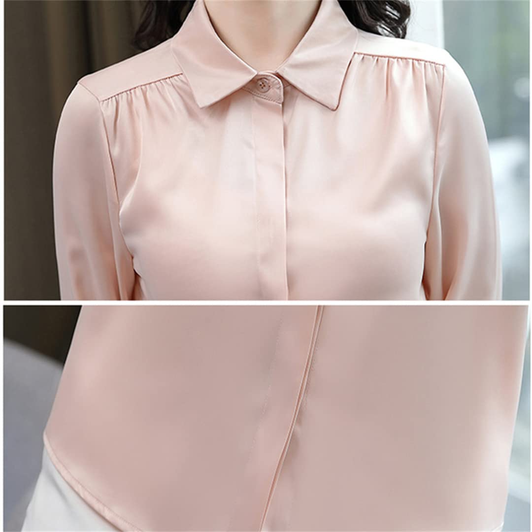 Manches Longues col en V boutonné Femmes Chemise décontracté Ample Couleur Unie Satin Blouses Soie Chemise Blanche Orange M