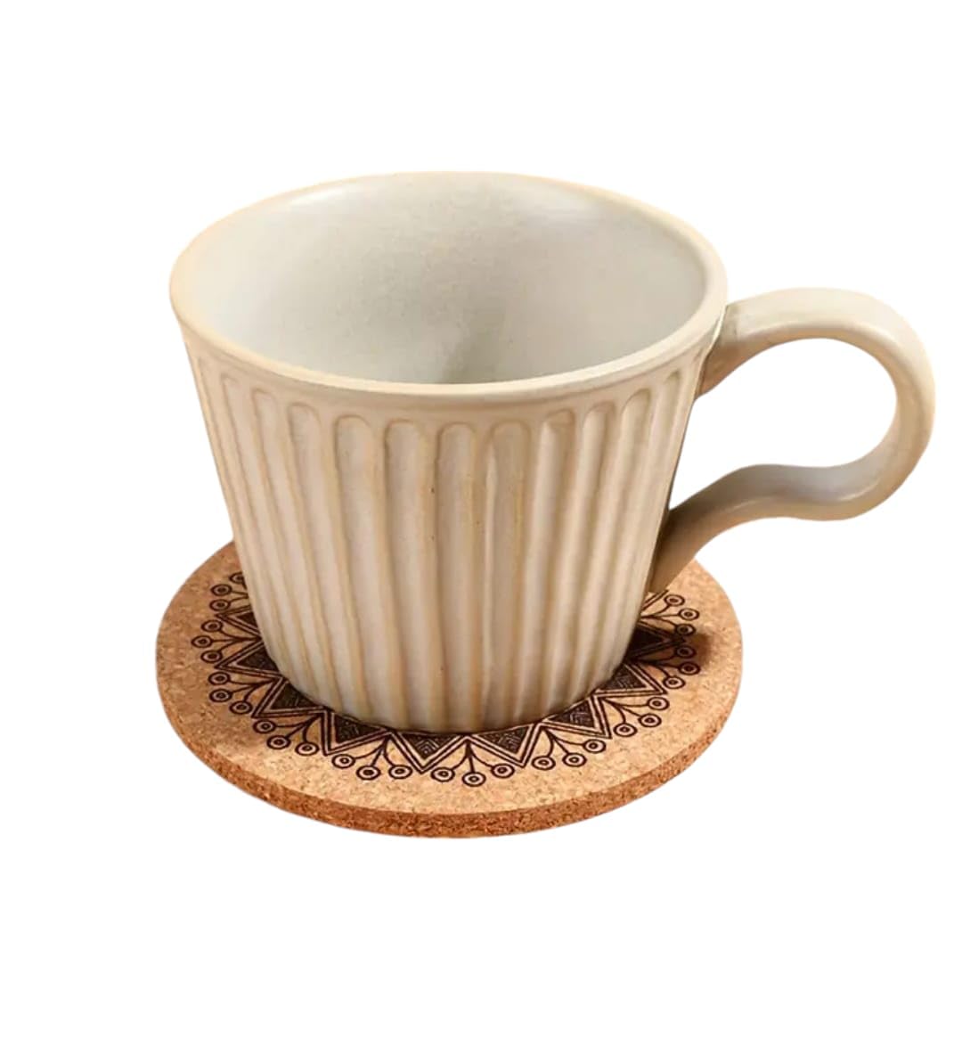 REHMAT BOXES CORK Coasters with Tea Cup Holder,Rustic Round Flower Mandala Design,Non Slip pads,Home Bed room Use
