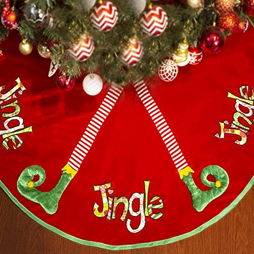 3D Elf Christmas Tree Skirt Jingle Elf Tree Skirt For Elf Themed Decoration With Candy Striped Legs Red Green Funny Tree Skirt For Santa Helper Under Tree Décor Kid Xmas Tree Mat For Xmas Party #TOP20