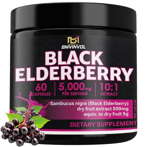 Black Elderberry 5000 mg Strength 10:1 Extract | 60 Vegan Capsules | Non-GMO | Gluten Free Formula | High Potency Herbal Extract Supplement