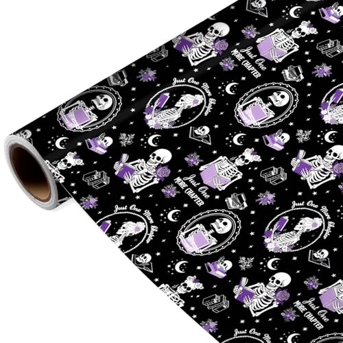 Joviwrap Skeleton Book Wrapping Paper Roll for Goth Lover Funny Skull Gothic Reading Wrapping Paper with Purple Floral Skull Design for Gothic Lover Party Bookish Gifts 17 In x 16.4 Ft