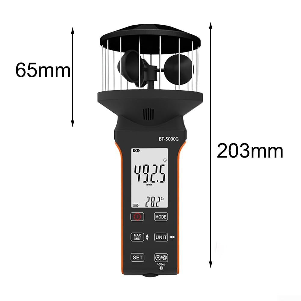 Anemómetro digital de copa BT-5000G con carga USB C – Medidor de viento para m/s, nudos, km/h, medidor portátil para vela, escalada, deportes al aire libre – Negro Naranja 203 x 87 mm