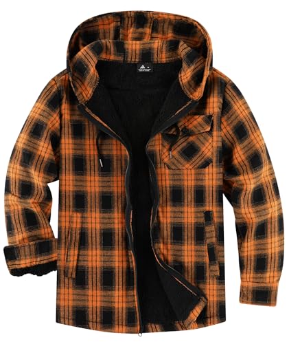 Image of V VALANCH Men's Sherpa Lined Flannel Jacket with Hood - Zip Up Plaid Shirt Jacket Winter Outdoor Warm Outerwear Fleece Coat
