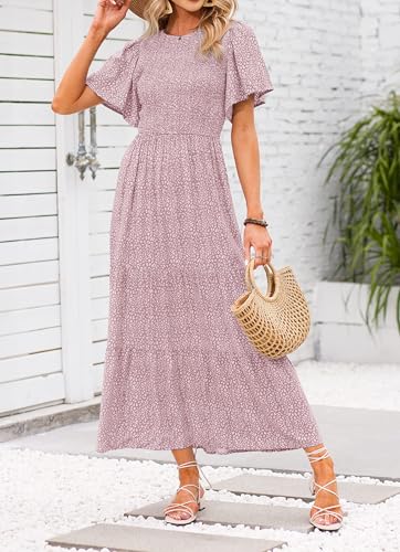 Image of ZESICA Women's 2026 Summer Boho Floral Maxi Dresses Casual Short Flutter Sleeve Smocked Tiered Flowy Dress