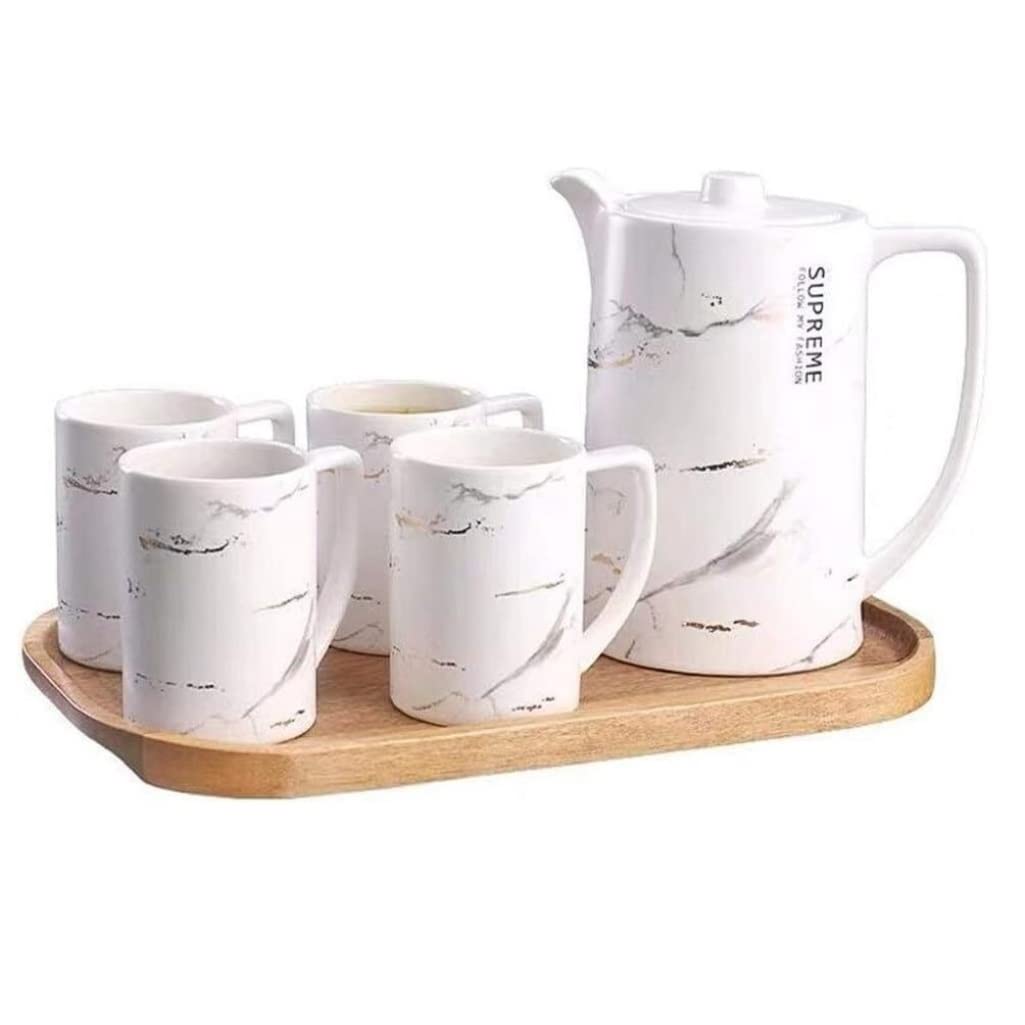 Zestaw Do Herbaty 6 Sztuk Zestaw Filiżanek Do Herbaty Z Drewnianą Tacą Na Herbatę Prosty Styl Skandynawski Ceramiczny Domowego Biura Akcesoria Kuchenne(White)