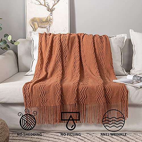 MIULEE Knitted Throw Blanket Textured Knit Terracotta Rust Woven Wave Pattern 50"x60", Orange - Image 4