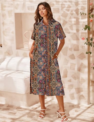 Image of Zeagoo Women Dresses Summer Casual Short Sleeve Button Down Shirt Dresses 2026 Beach Cover Up with Pockets