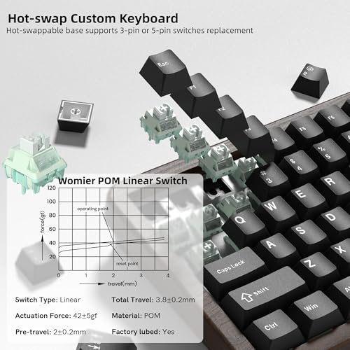 Image of Womier 75% Mechanical Keyboard Wireless with Wood Natural WD75 V2 QMK /VIA | Gaming Creamy Keyboard 8000mAh Battery, Tri-Mode Key Board RGB Hot Swappable with PBT Keycaps-POM Linear Switch,Black