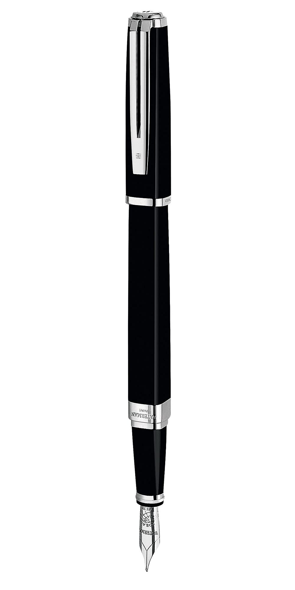 Waterman Exception Fountain Pen, Slim Black with Silver Plated Clip, Medium Nib with Blue Ink Cartridge, Gift Box