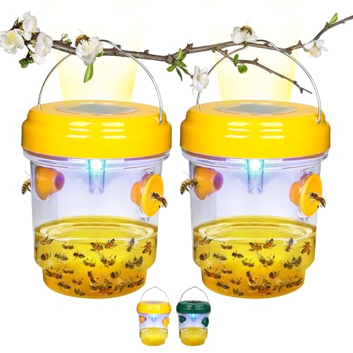 2Pack Wasp Trap Solar Wasp Traps Outdoor Hanging Wasps Catchers for The Garden Reusable Yellow Jacket Repellent & Hornet Bait with UV LED Light Dual Entry Tunnels for Patio Camping Farm