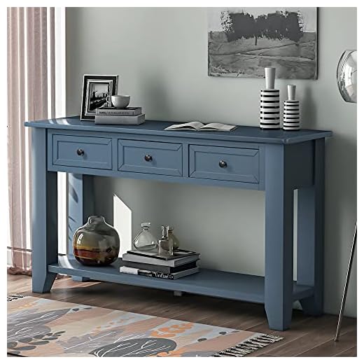 P PURLOVE Console Table for Entryway Wood Sofa Table with 3 Drawers and 1 Shelf for Hallway Living Room (Blue)