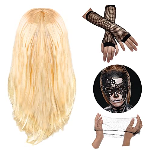 ORAZIO Juego de Pelucas para Disfraces de Mujer Peluca para Mujer+Guantes+Gorro de Peluca+ Máscara Peluca Negra Rizada Peluca Corta de Halloween Bonitas Pelucas Rubias Largas para Fiesta Cosplay Cover