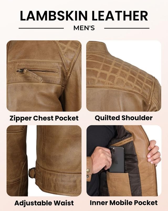 Image of Blingsoul Men's Leather Motorcycle Style Jacket - Quilted Cafe Racer Biker Style Jacket for Men