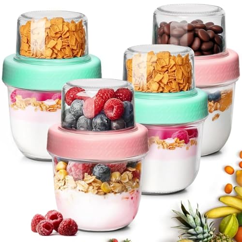 ComSaf Overnight Oats Container 240+120mL, 4Pcs Glass Yogurt Pots, Dual-Layer Overnight Oats Jar, Reusable Yoghurt Pots with Lids for Cereal Nut Fruit Granola Snack, Small Mason Jars for Meal Prep