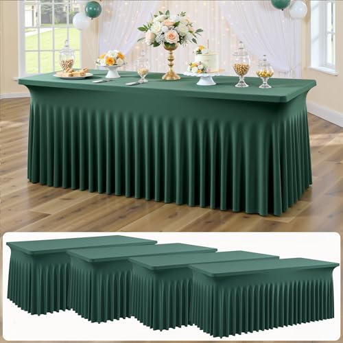 Image of 4 pk Hunter Green Spandex Tablecloth for 6 Foot Rectangle Tables, Wrinkle Free Fitted Spandex Table Covers 6ft Green Stretch Table Cloths with Ruffle Skirt for Parties Weddings Banquet Baby Shower