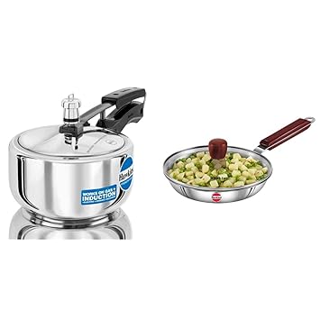 Hawkins Stainless Steel Pressure Cooker, 2 Litres, Silver and SSF22G Tri-ply Stainless Steel Frying Pan 22 cm with Glass Lid