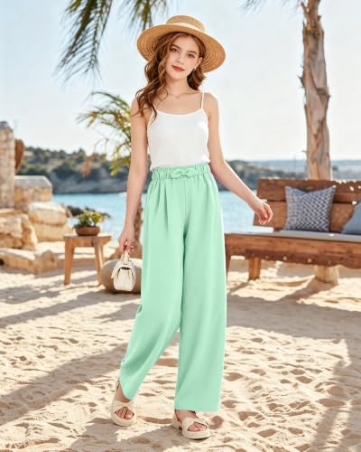 Image of Girls Wide Leg Palazzo Pant Loose Straight Cute Bow Waist Spring Summer Lightweight Dress Pant for Kids 5-14Y
