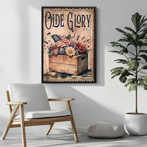 Image of American Flag Framed Canvas Wall Art, 4th of July Floral Canvas Prints, 1776 American Flag Patriotic Decorations, Vintage Independence Day Wall Decor for Bedroom Living Room Dining Room Office 6x8