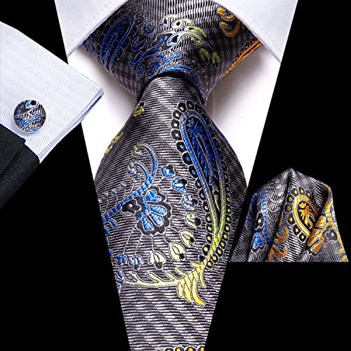 Image of Hi-Tie Men's Silk Ties Formal Woven Classic Necktie Pocket Square Cufflinks Lapel Pin Set Wedding Business