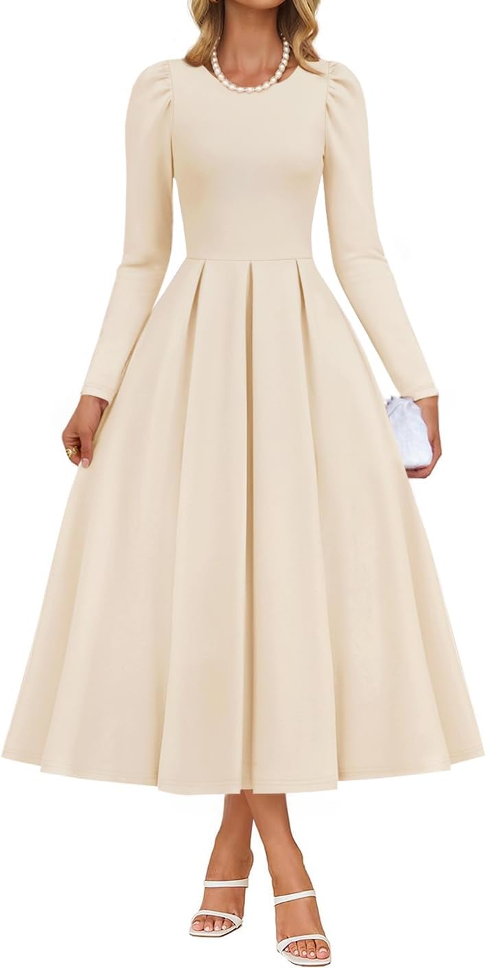 ZESICA Women's Long Sleeve Midi Dresses 2026 Spring Elegant Crewneck Swing A Line Wedding Guest Party Dress with Pockets