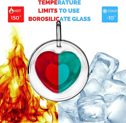 Image of ANKUL Heart Shaped Transparent Double Walled Insulated Glass Pack Of 2 Coffee Mugs Or Tea Cups With Unique Handle (Heart Cup, 2), 250 ml
