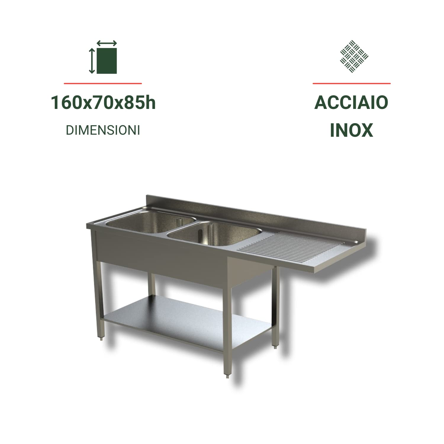 Ristoattrezzature Lavello in Acciaio Inox - Professionale, per Cucine Ristoranti e Pizzerie - 2 Vasche, Gocciolatorio a Sbalzo a Dx - 160x70x85h