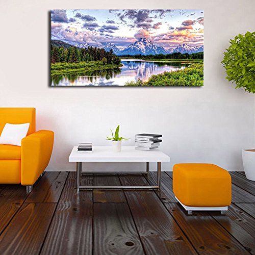 Canvas Wall Art Nature Painting Oxbow Bend Grand Teton National Park Mountains River Sunset Clouds Modern Canvas Artwork Lake Panoramic Contemporary Pictures For Home Office Decoration 24" X 48" #TOP4