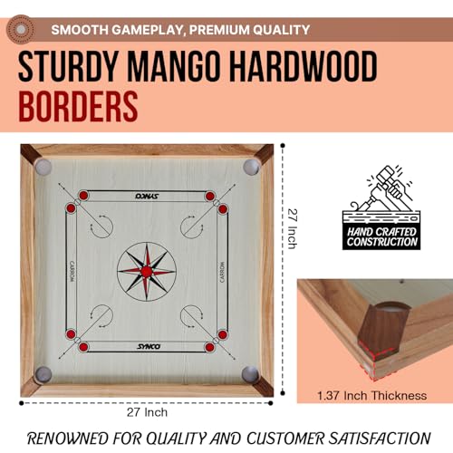 Image of Synco 27 inch Inch Mango Carrom Board for Kids 8-12 Years Old | Mango Sheesham Wood Frame | 7mm Pinewood Playing Surface | Includes Striker, Coins and Boric Powder | Premium Board for Practice